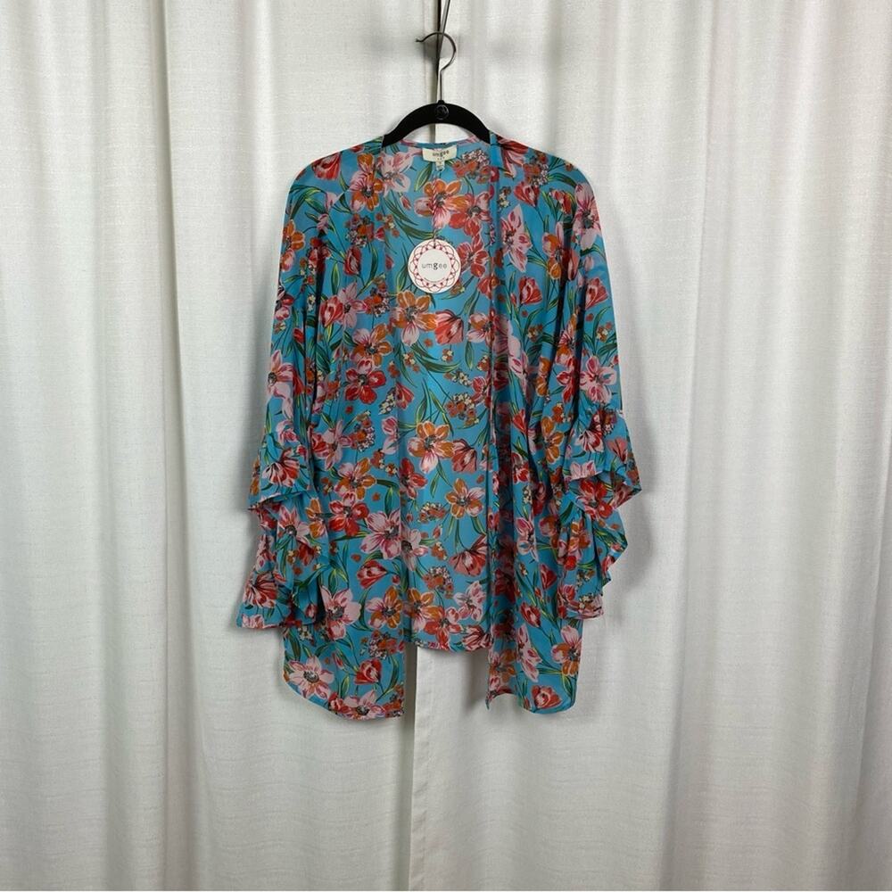 Umgee Blue&Coral Chiffon Kimono Jacket Sz.S NWT